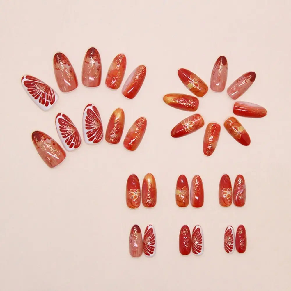 Almond Press-On Nails – French Floral & Fruit Designs 24pc