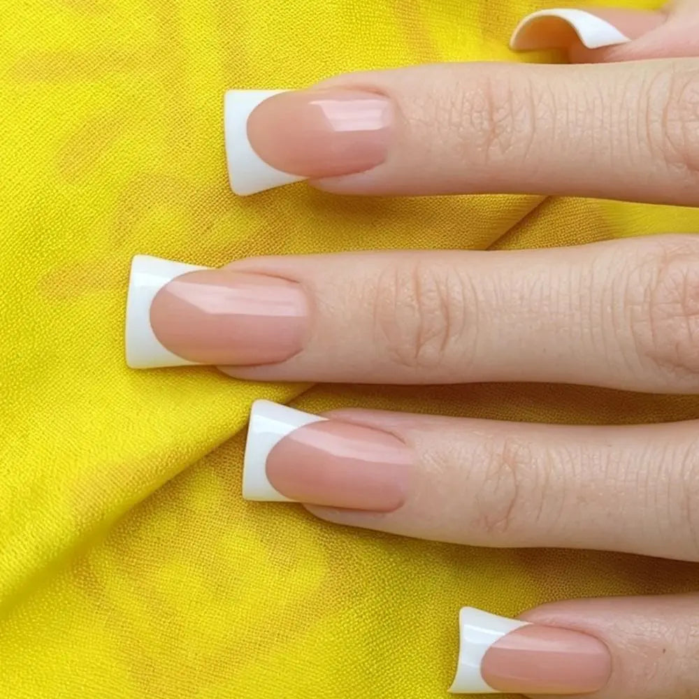 French Duckbill Press-On Nails White Pink Y2K Style 30 Pcs