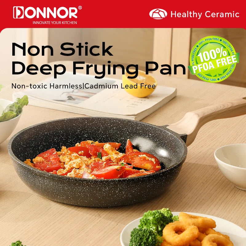 DONNOR Nonstick Frying Pan with Lid – Induction Compatible 28cm Nonstick Frying Pan PRIMED
