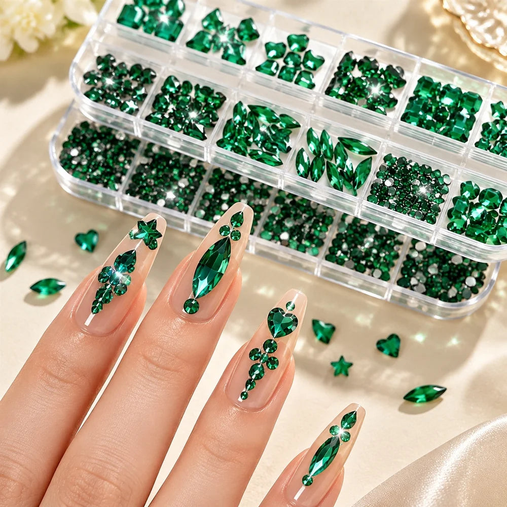 Emerald Green Flatback Nail Crystals – Multi Shape Gem Kit 2-Box Nail Gem Kit PRIMED
