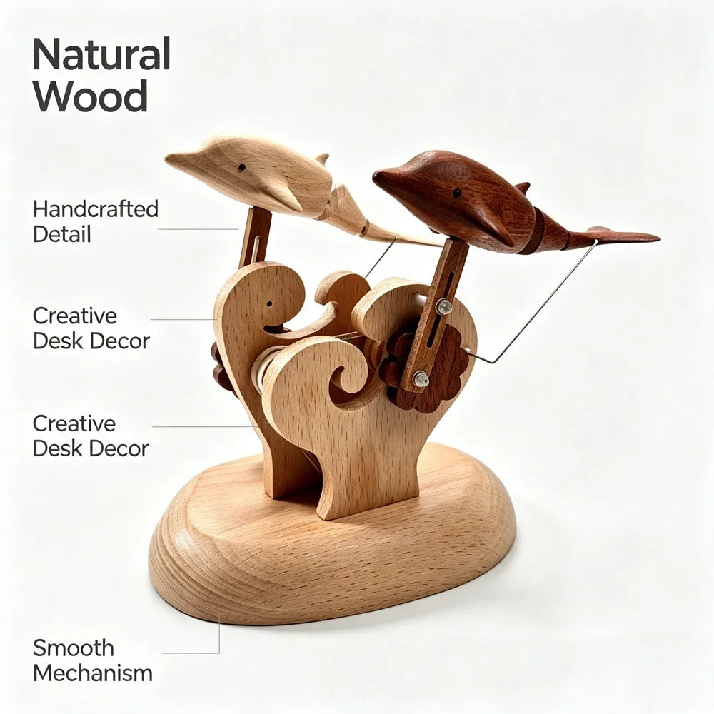 Wooden Dolphin Kinetic Sculpture | USB Rechargeable Desk Art