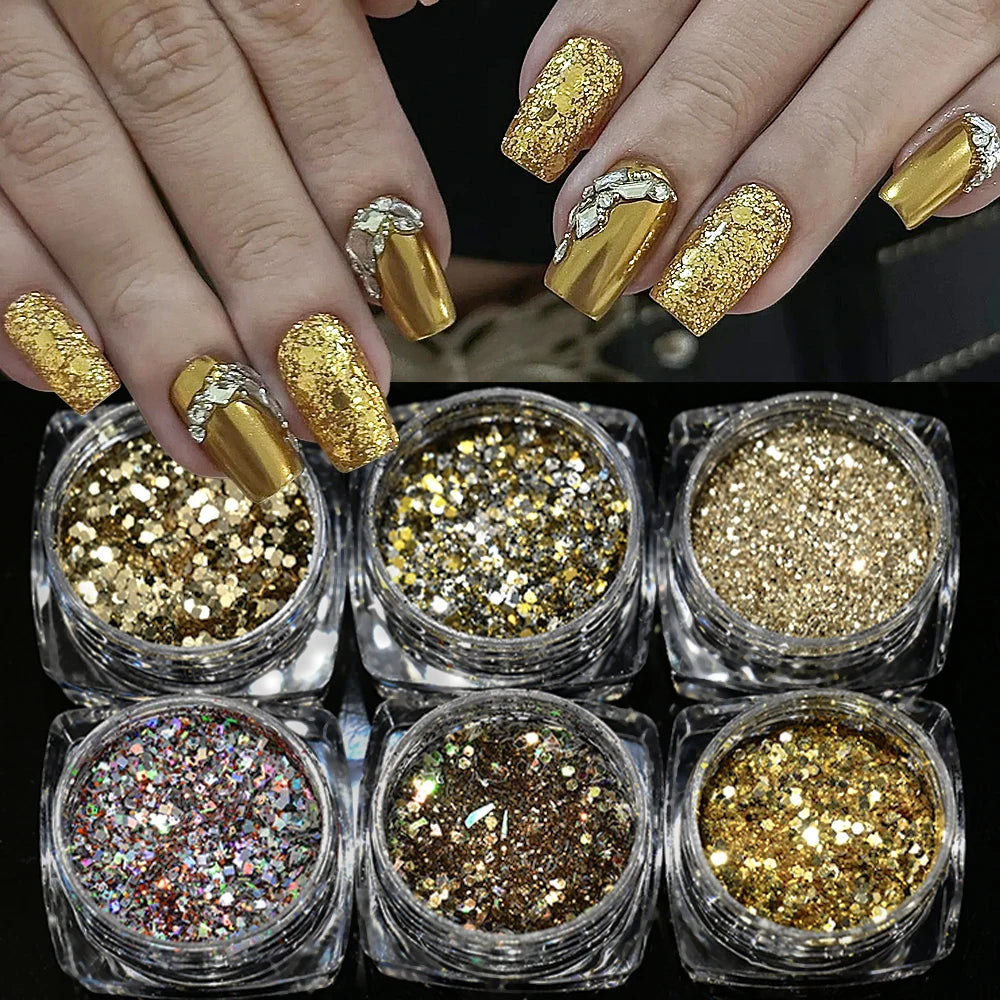 Holographic Nail Glitter Powder Set – 6 Jars Silver & Gold
