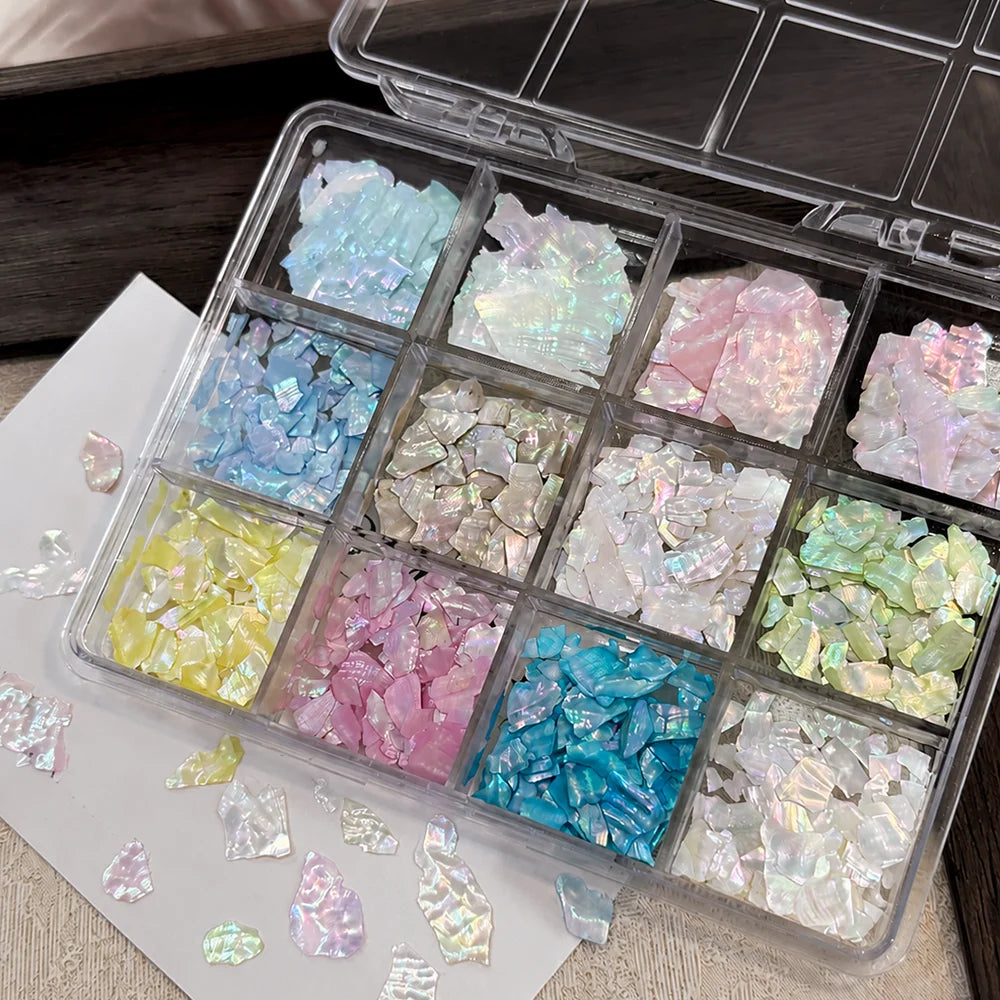 12-Grid Aurora Pearl Shell Nail Art Flakes & Glitter Charms Nail Art Charms PRIMED 1Box
