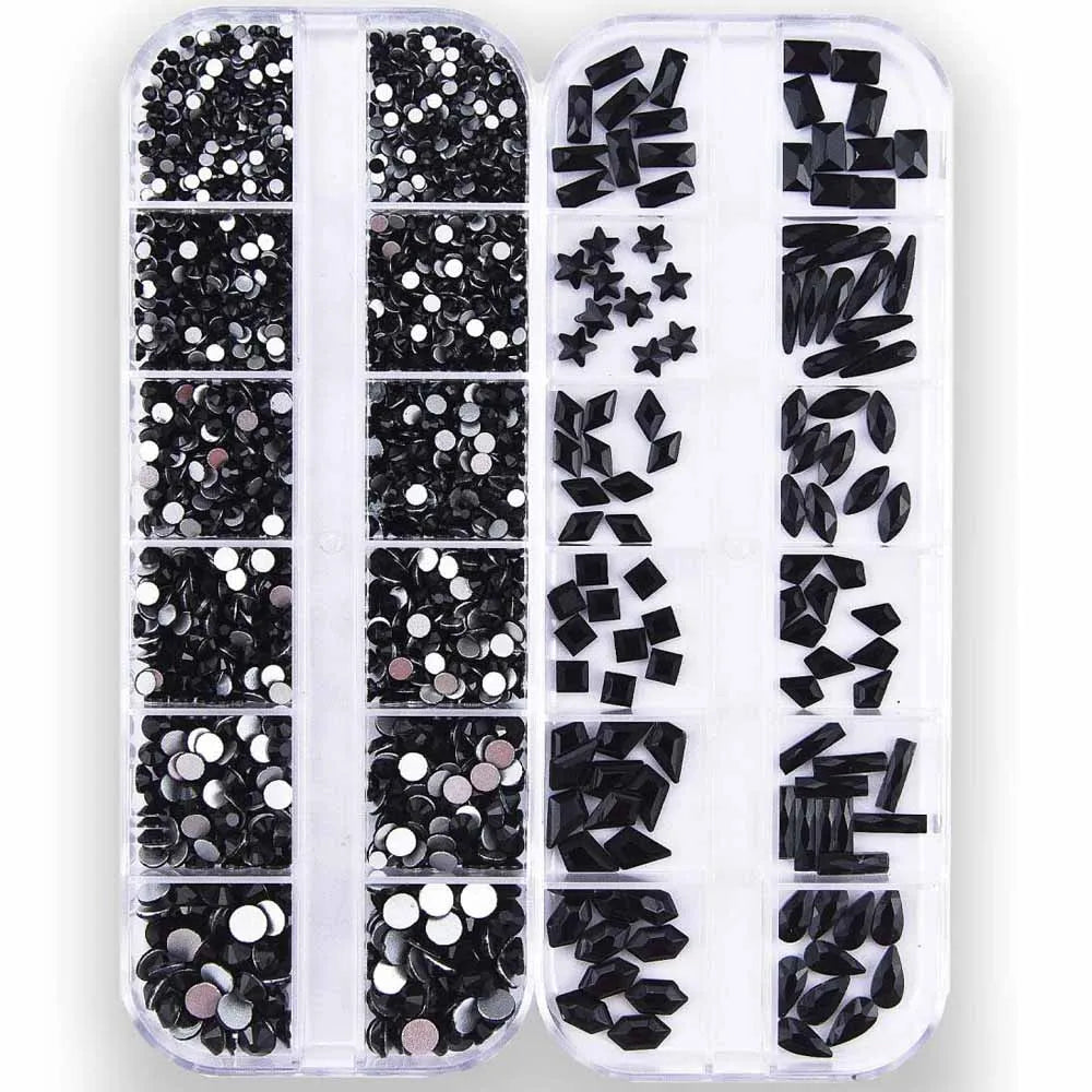 12-Grid 3D Black Nail Rhinestones – Mixed Crystal Shapes Set Nail Art Rhinestones PRIMED