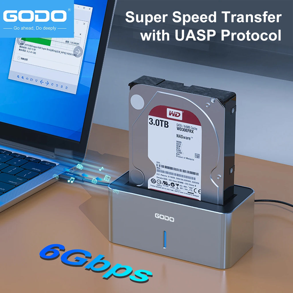 GODO USB 3.0 SAS SATA HDD Docking Station 2.5/3.5" 20TB Hard Drive Dock PRIMED