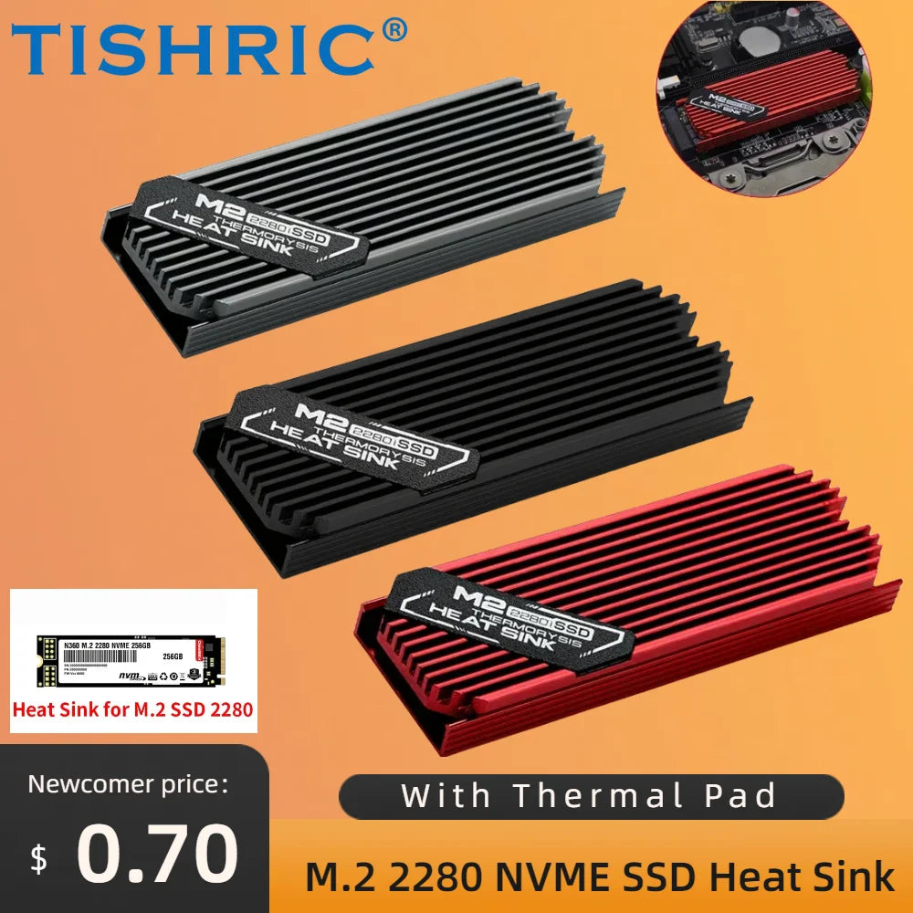 TISHRIC M.2 2280 NVMe SSD Aluminum Heatsink & Thermal Pad SSD Heatsink Cooler PRIMED
