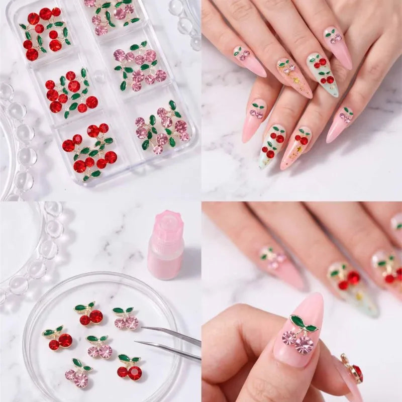 24Pcs Cherry Nail Rhinestones Red Pink Crystal Zircon Art Gems Nail Art Rhinestones PRIMED