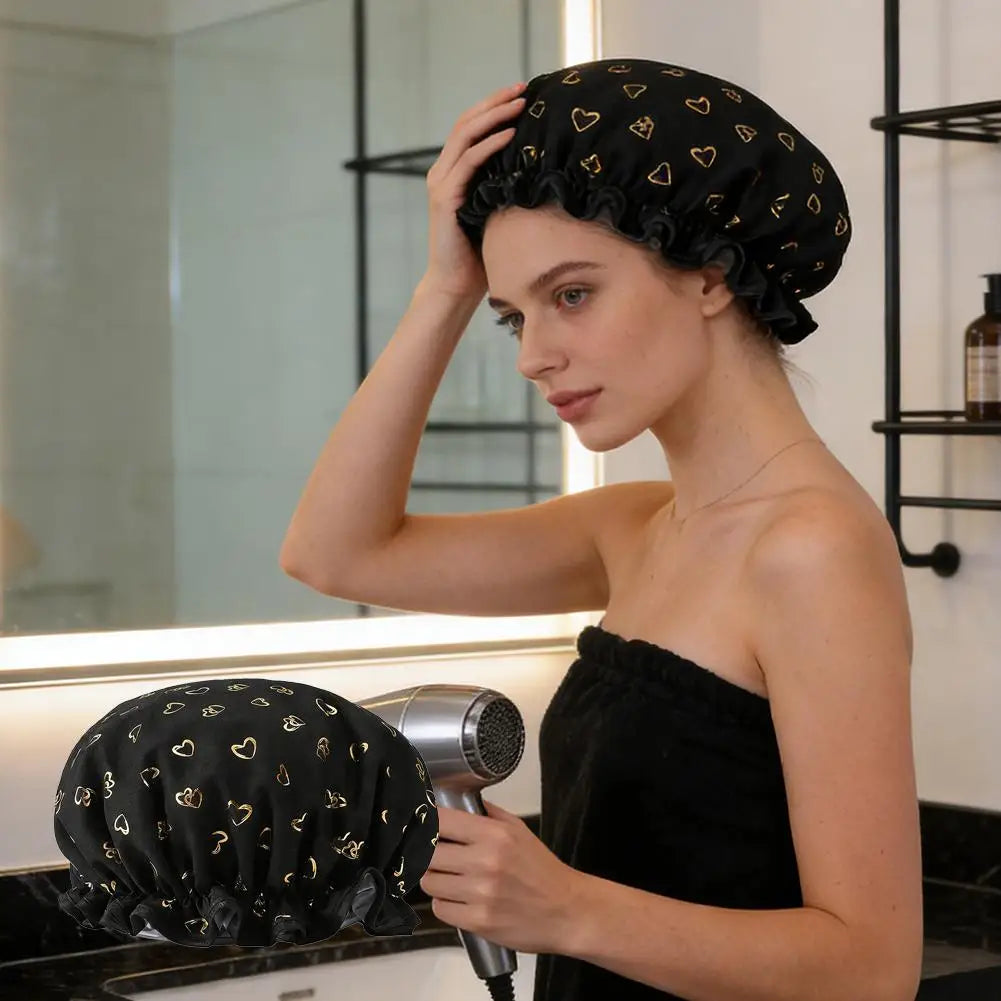 Waterproof Double-Layer Shower Cap – Gold Print Women's Bath Cap Shower Cap PRIMED