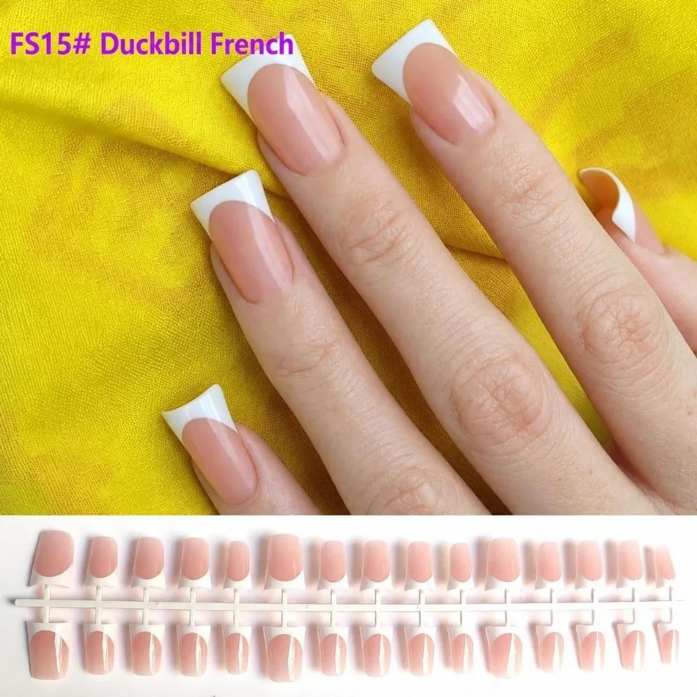 French Duckbill Press-On Nails White Pink Y2K Style 30 Pcs