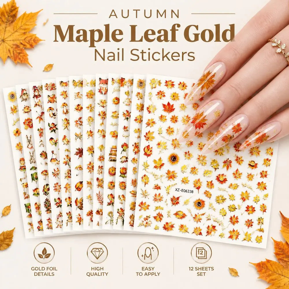 12-Pc Bronzing Autumn Nail Stickers – Pumpkin, Owl & Maple Leaf Nail Art Stickers PRIMED