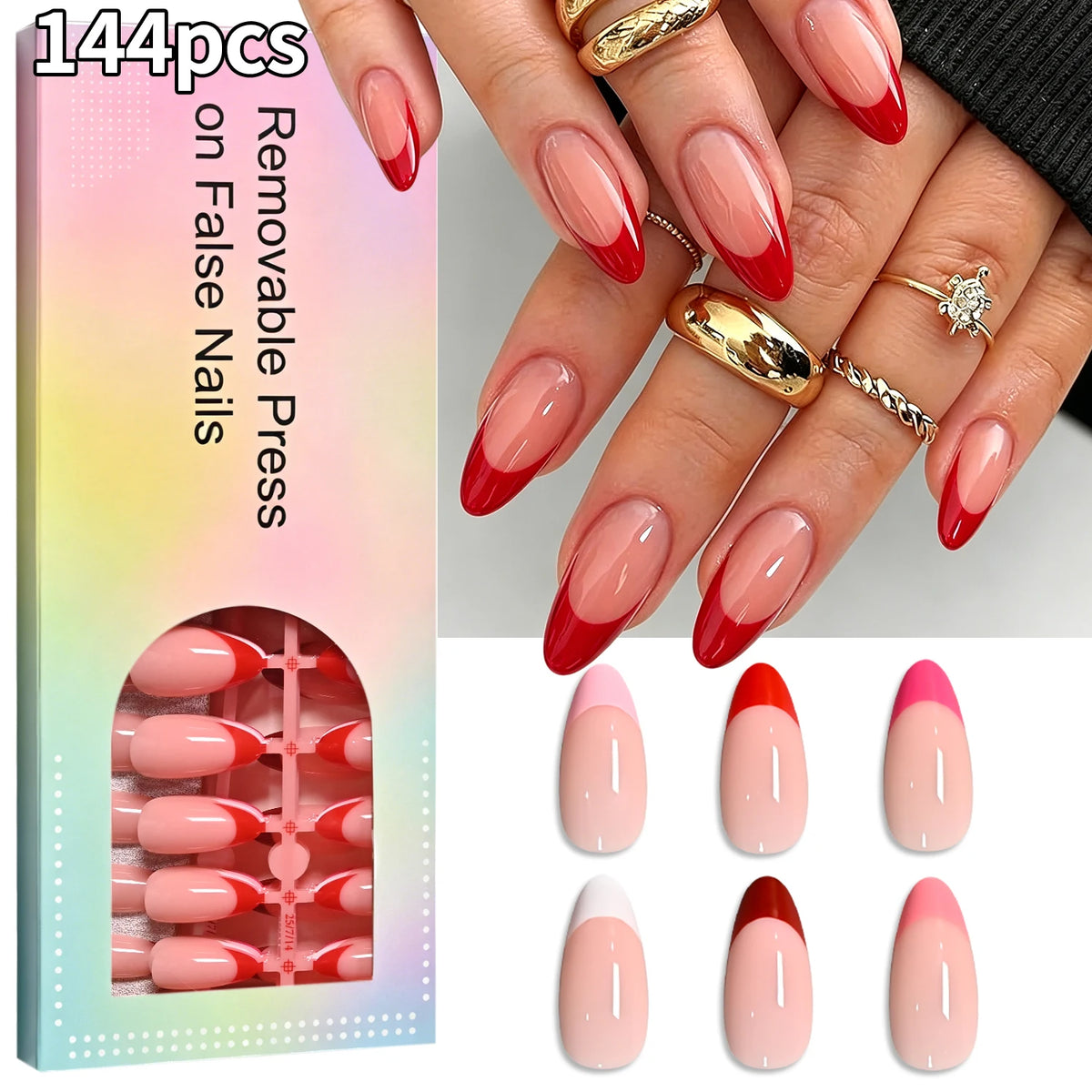 144Pcs French Press On Nails Almond Gradient Nude Pink Tips