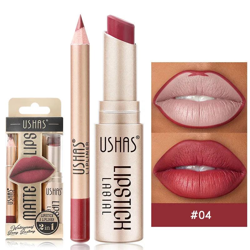 USHAS 12-Color Matte Lipstick & Lip Liner Set – Long-Lasting