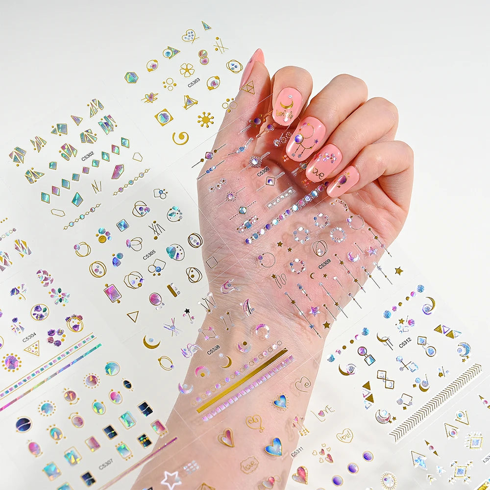 15-Pc Gold Bronzing 3D Heart Laser Nail Slider Sticker Decals Nail Art Stickers PRIMED