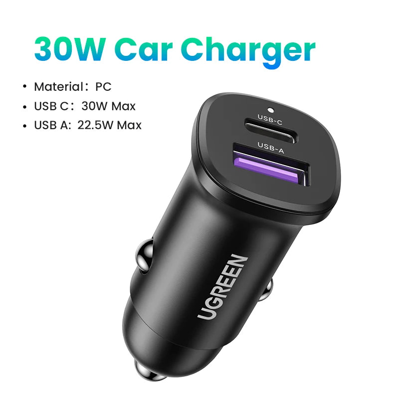 UGREEN 30W USB-C Car Charger PD 3.0 & QC 3.0 Dual Port USB Car Charger PRIMED 30W Delicate Charger China Mainland