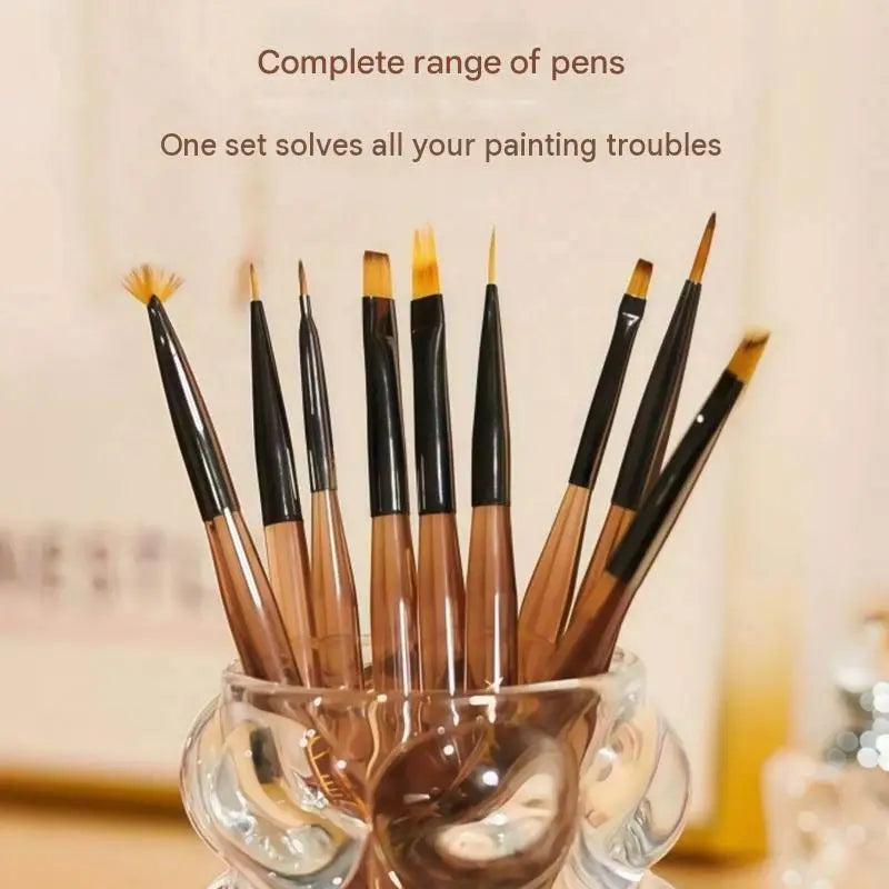 9-Piece UV Gel Nail Brush Set – Builder, Liner & Scatter Nail Art Brush Set PRIMED