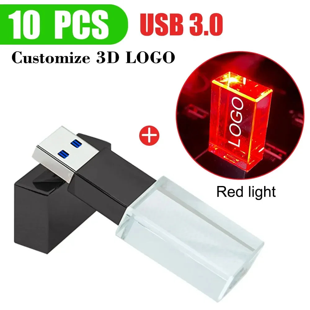 10-Pack Crystal 3D USB 3.0 Flash Drives | Free Engraved Logo USB Flash Drive PRIMED 8GBx10pcs black - red led