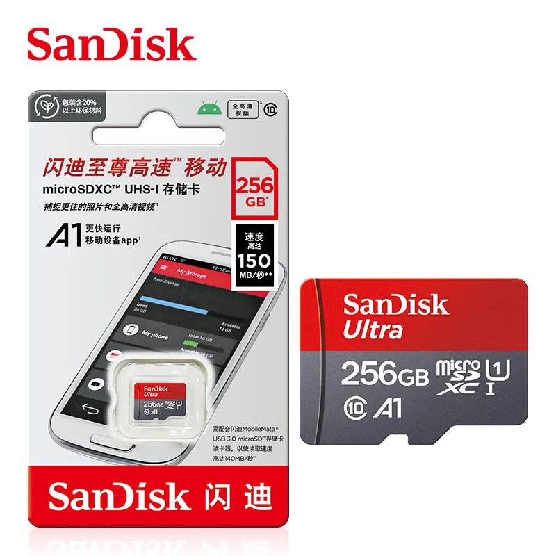 SanDisk A1 Micro SD Card 32–256GB 100MB/s + Type-C Reader Micro SD Card PRIMED 256GB