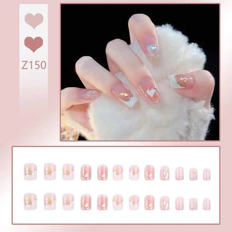 French Press On Nails Set – 24 Short Acrylic Tips with Glue