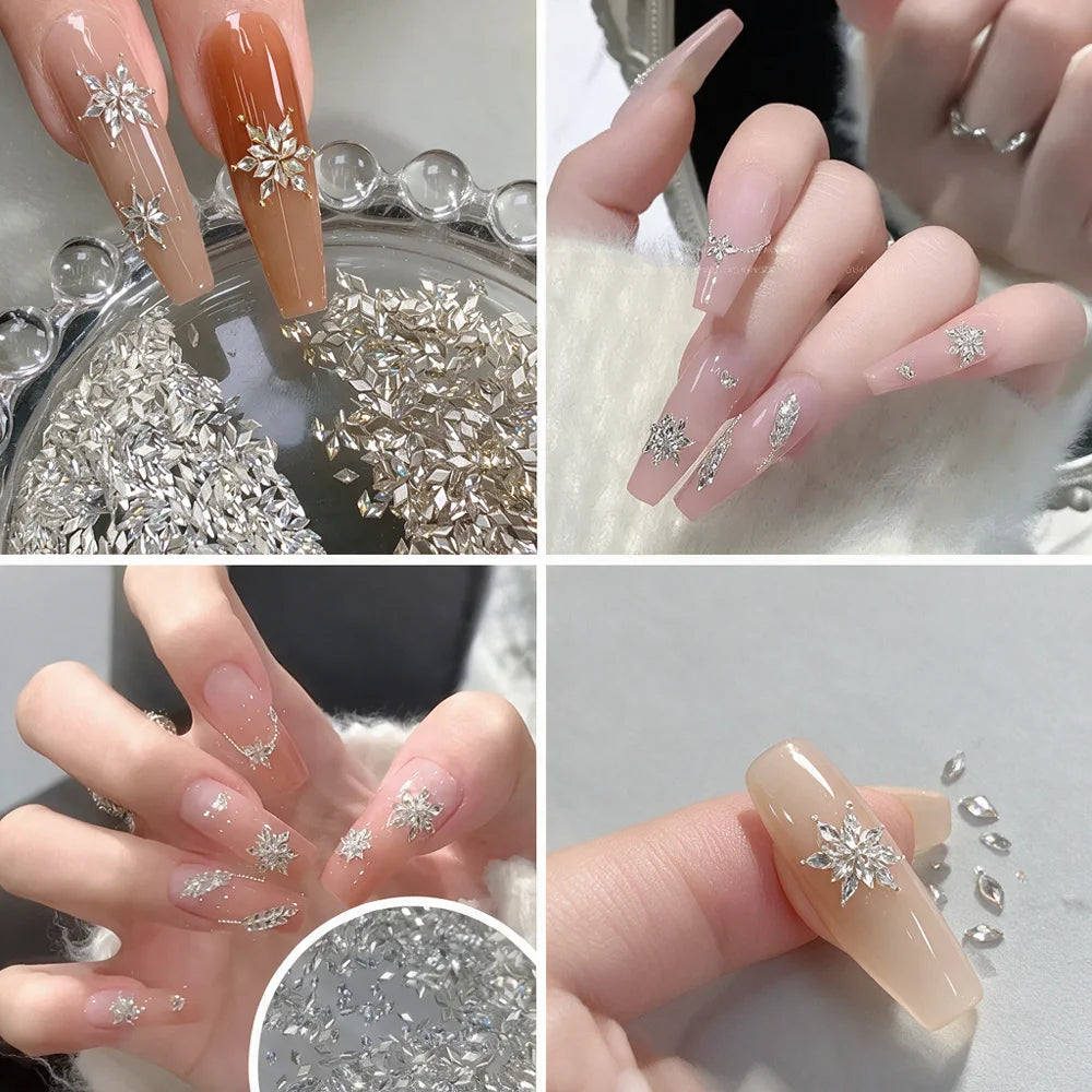 Rhombus Zircon Snowflake Nail Crystals 100Pcs – White & Champagne