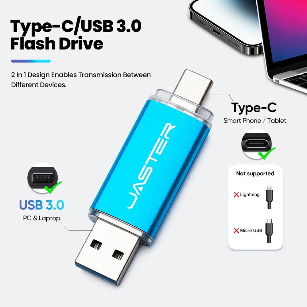 JASTER Type-C OTG USB 3.0 Flash Drive 4GB–128GB Metal USB Flash Drive PRIMED