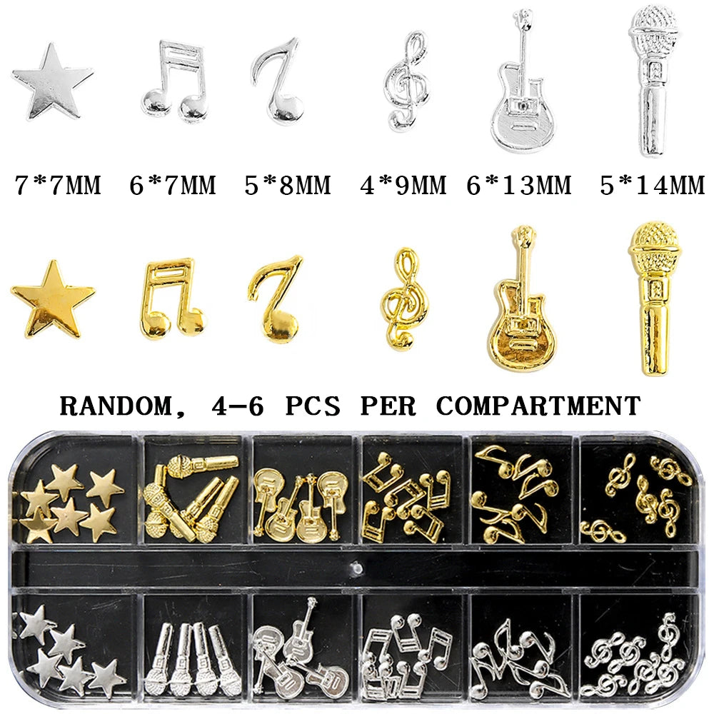 Music Note Guitar Nail Art Charms 12-Grid | Gold & Silver Nail Art Charms PRIMED A2