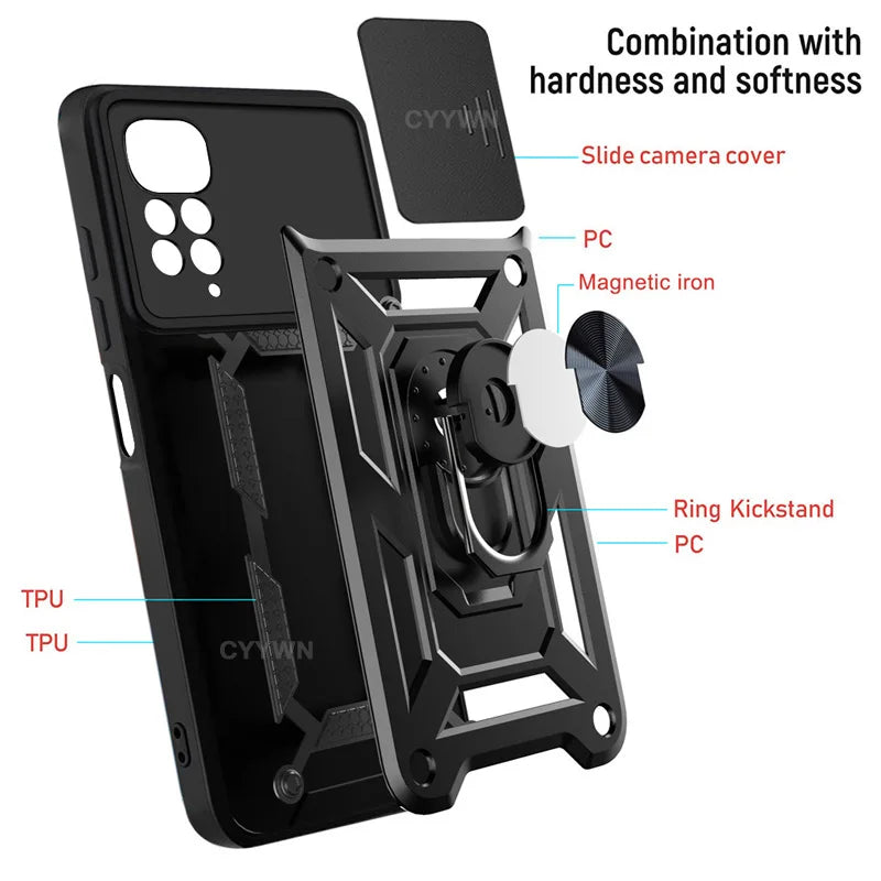 Military Armor Ring Case Redmi Note 11–14 Pro | Lens Cover Military Armor Phone Case PRIMED