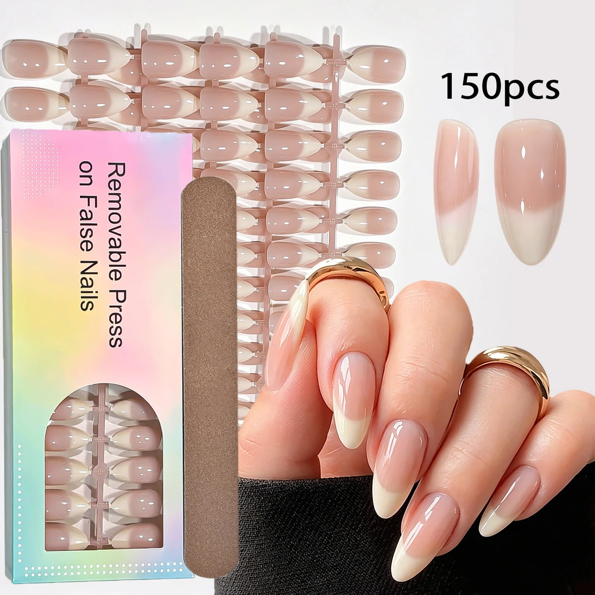 150Pcs Nude Pink Press On Nails – Glossy Almond French Tips