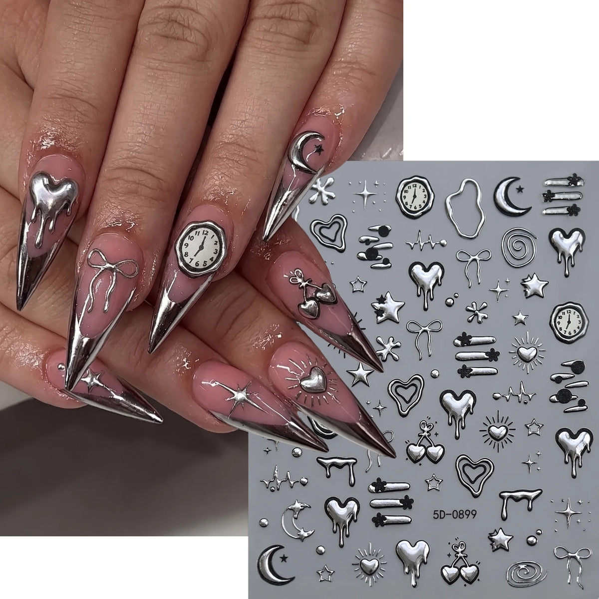 Punk Gothic 3D Nail Art Stickers – Silvery Embossed Decals