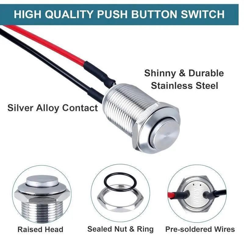12mm Stainless Steel Momentary Push Button Switch Pre-Wired Push Button Switch PRIMED