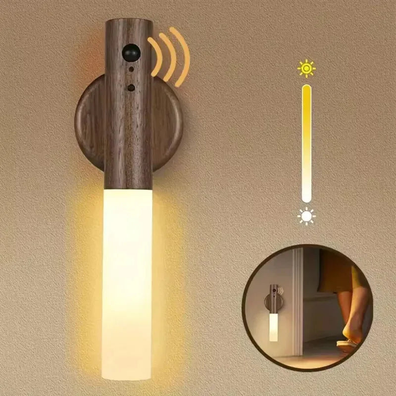 Wooden Motion Sensor Night Light – Rechargeable Magnetic Wall Lamp