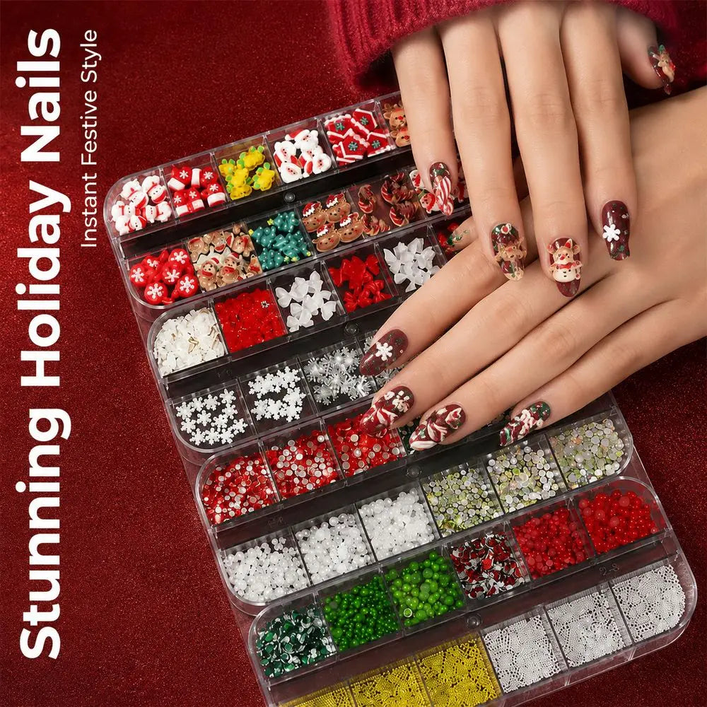 Christmas Nail Charms Set – Santa Snowflake Rhinestones 4 Boxes