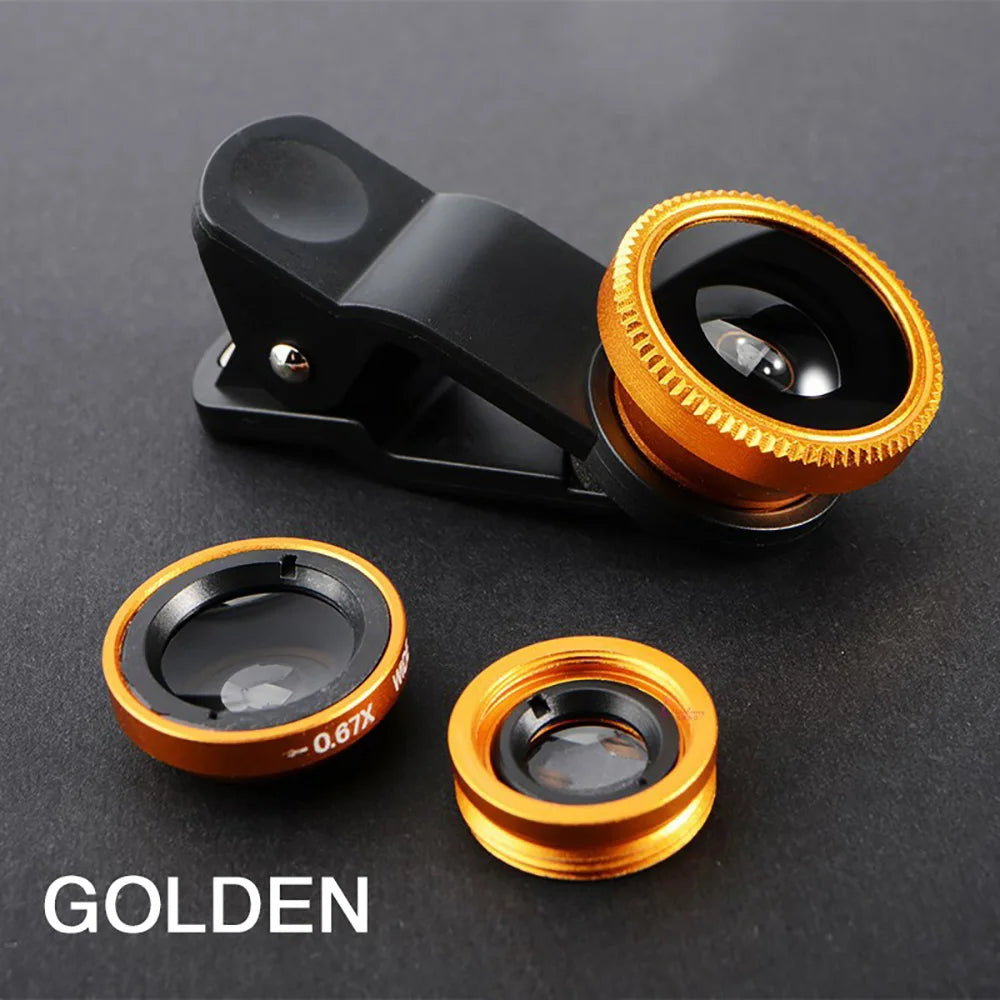3-in-1 Phone Camera Lens Kit – Fisheye, Wide Angle & Macro Phone Camera Lens PRIMED Golden