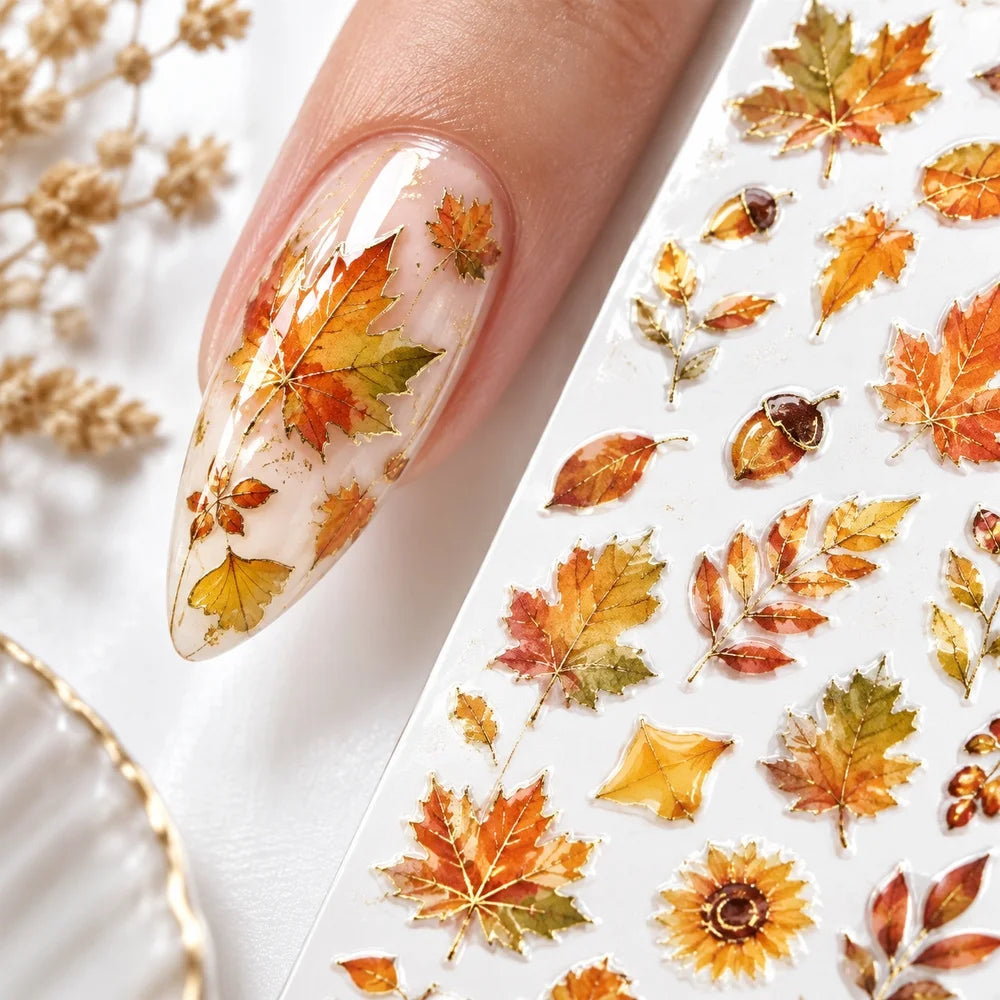 12-Pc Bronzing Autumn Nail Stickers – Pumpkin, Owl & Maple Leaf Nail Art Stickers PRIMED