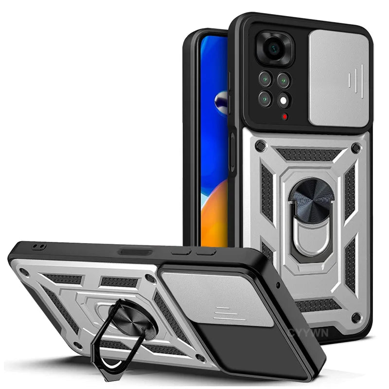 Military Armor Ring Case Redmi Note 11–14 Pro | Lens Cover Military Armor Phone Case PRIMED Redmi Note13 5G Silver