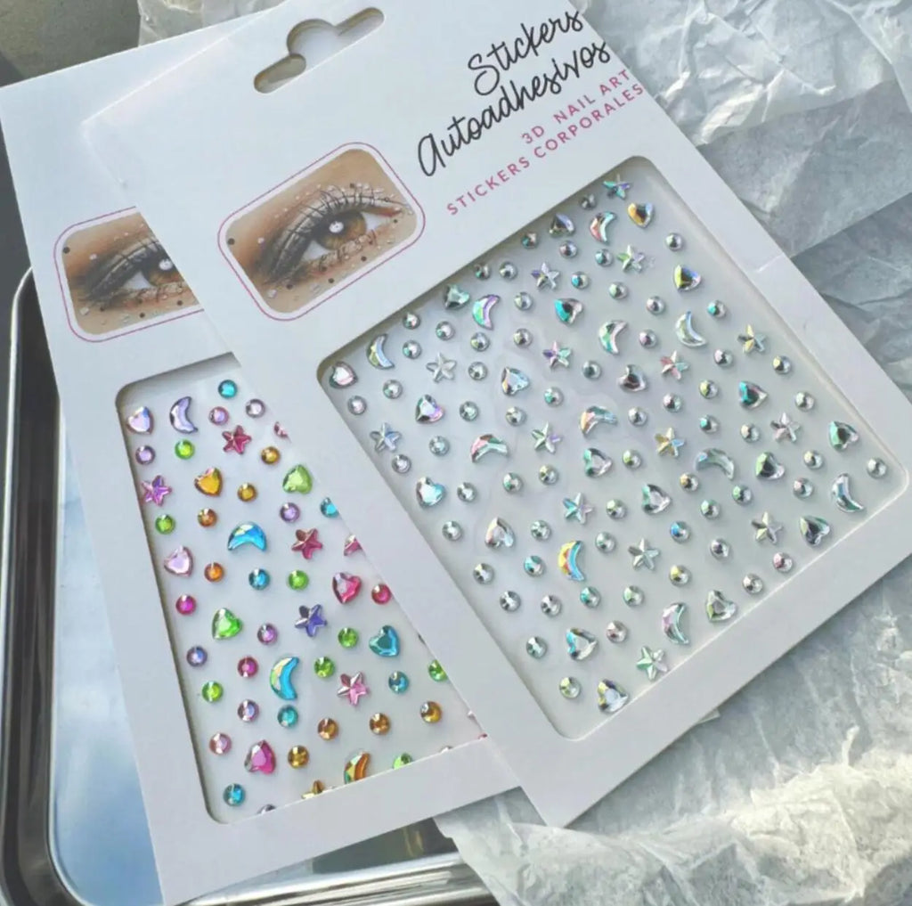Iridescent Star Moon Face Gem Stickers – Rhinestone 2 Sheets Body Art Stickers PRIMED