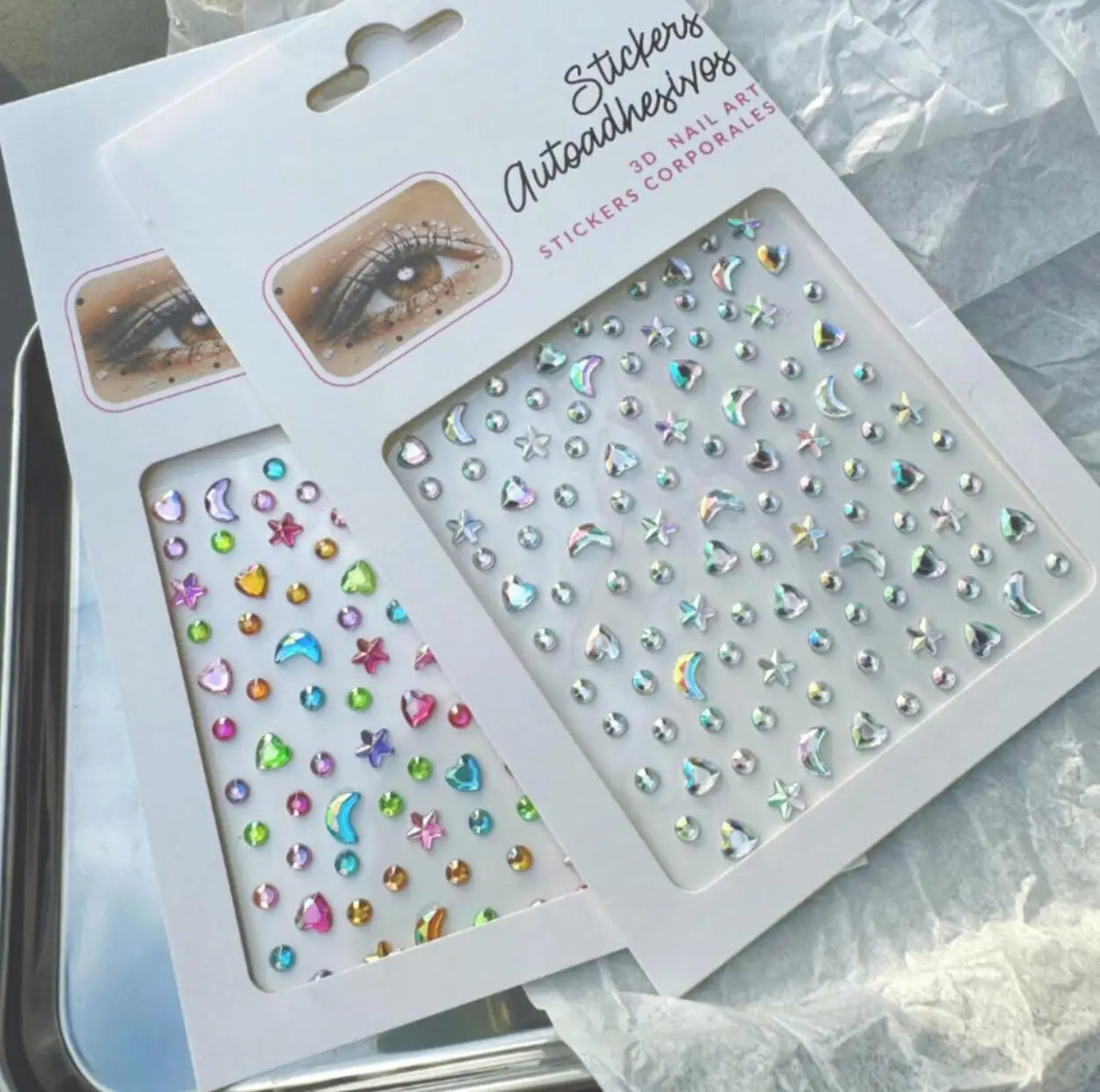 Iridescent Star Moon Face Gem Stickers – Rhinestone 2 Sheets Body Art Stickers PRIMED