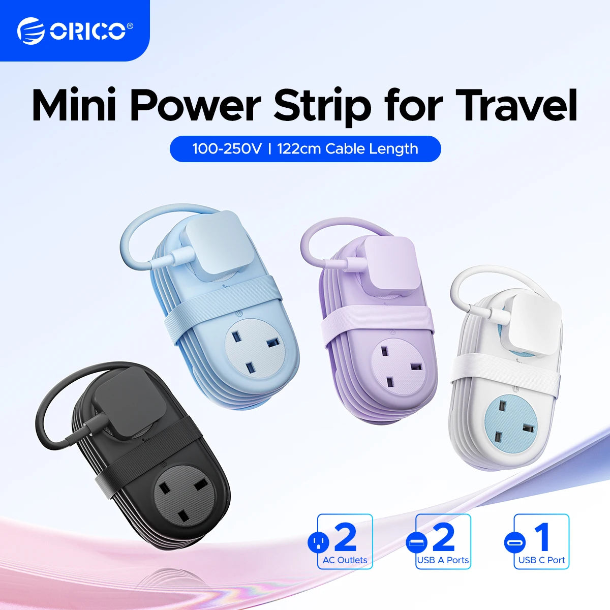 ORICO UK Power Strip 2 AC 2 USB-A USB-C 1.2M Cord Travel Travel Power Strip PRIMED