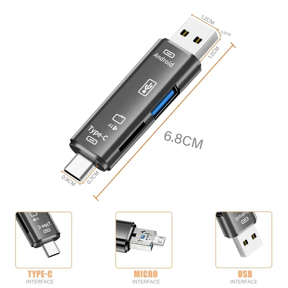 6-in-1 USB 3.0 Memory Card Reader – Type-C, OTG, SD & TF Memory Card Reader PRIMED