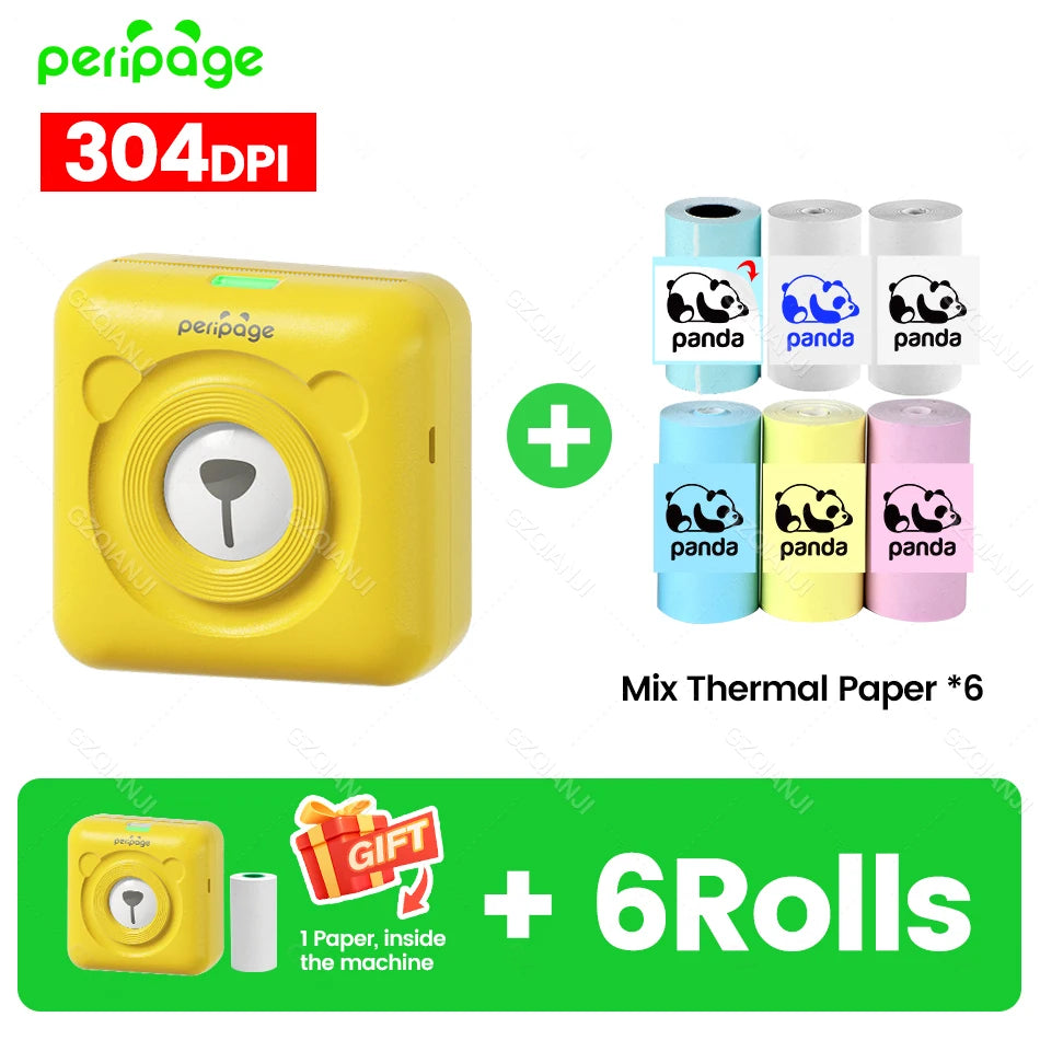 PeriPage A6 304DPI Bluetooth Mini Thermal Photo & Label Printer Mini Thermal Printer PRIMED 304YE add 6Rolls