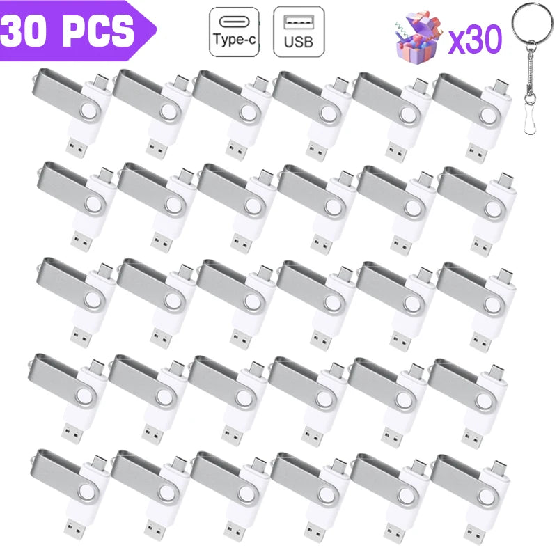 30-Pack 2-in-1 Type-C USB Flash Drive 360° Rotate 16–128GB USB Flash Drive PRIMED 128MB(Not GB) White CN