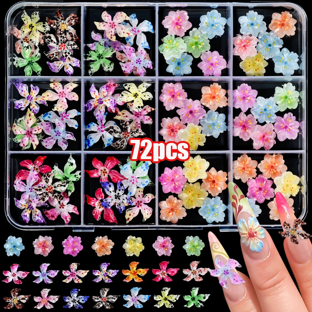 72Pcs 3D Flower Nail Charms – Sakura, Lily & Leopard Mix Nail Art Charms PRIMED ZB157