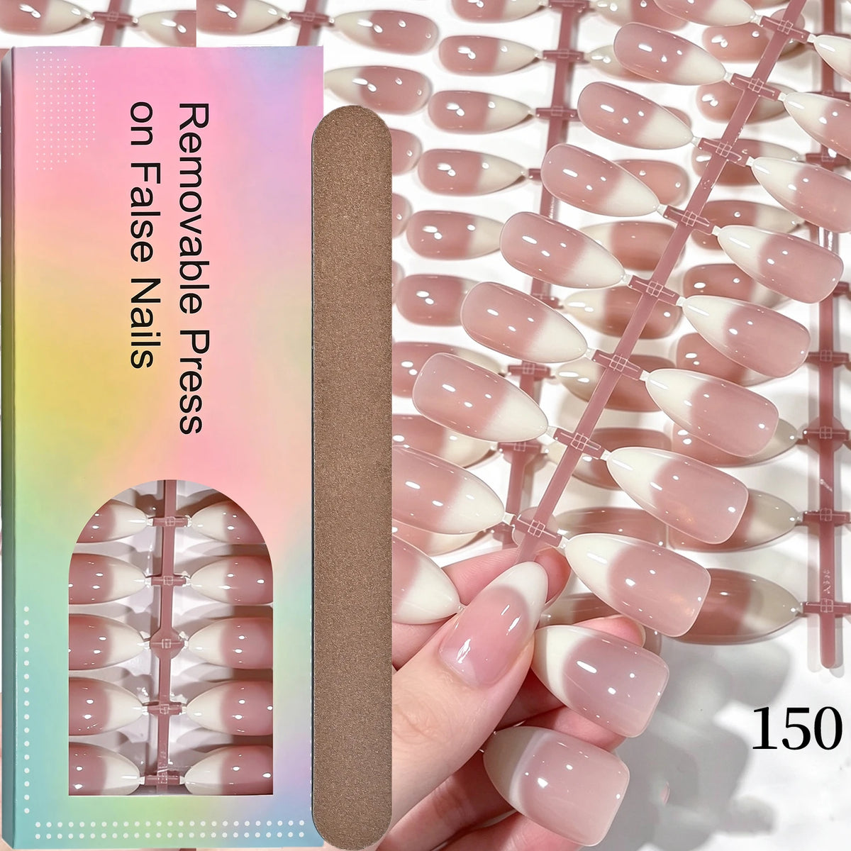 150Pcs Gradient Pink Almond Press On Nails | French White Edge