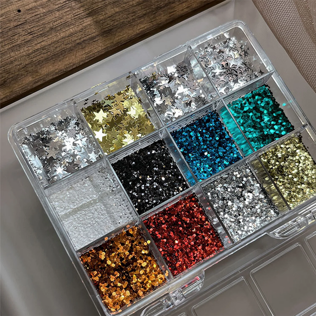 12-Grid Nail Glitter Set – Stars, Sequins & Butterfly Decor Nail Art Decoration PRIMED