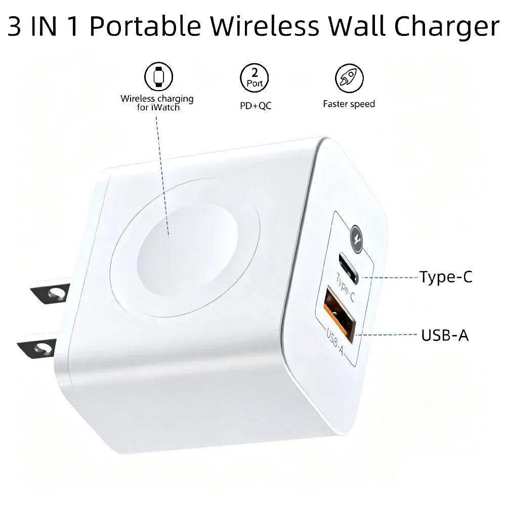 PD 20W 3-in-1 Fast Charger – USB-C, USB-A & Apple Watch Wireless Charging Station PRIMED