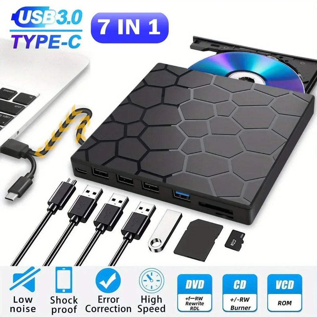 GGBEE 7-in-1 External CD/DVD Burner Drive USB 3.0 & Type-C External Optical Drive PRIMED Black