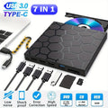 GGBEE 7-in-1 External CD/DVD Burner Drive USB 3.0 & Type-C External Optical Drive PRIMED Black
