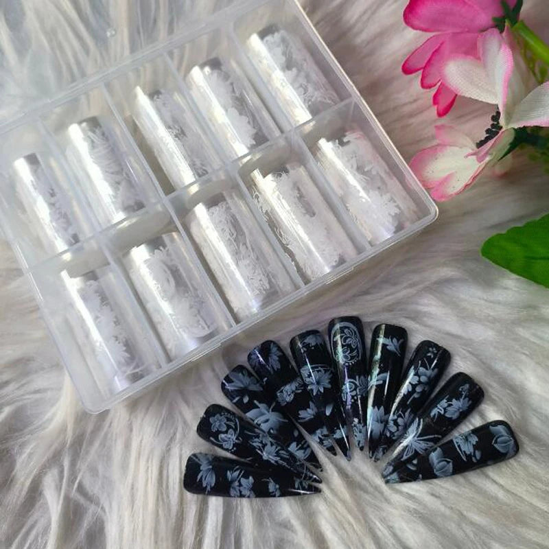 White Flower Lace Nail Foil Stickers & Transfer Decals – 1 Box