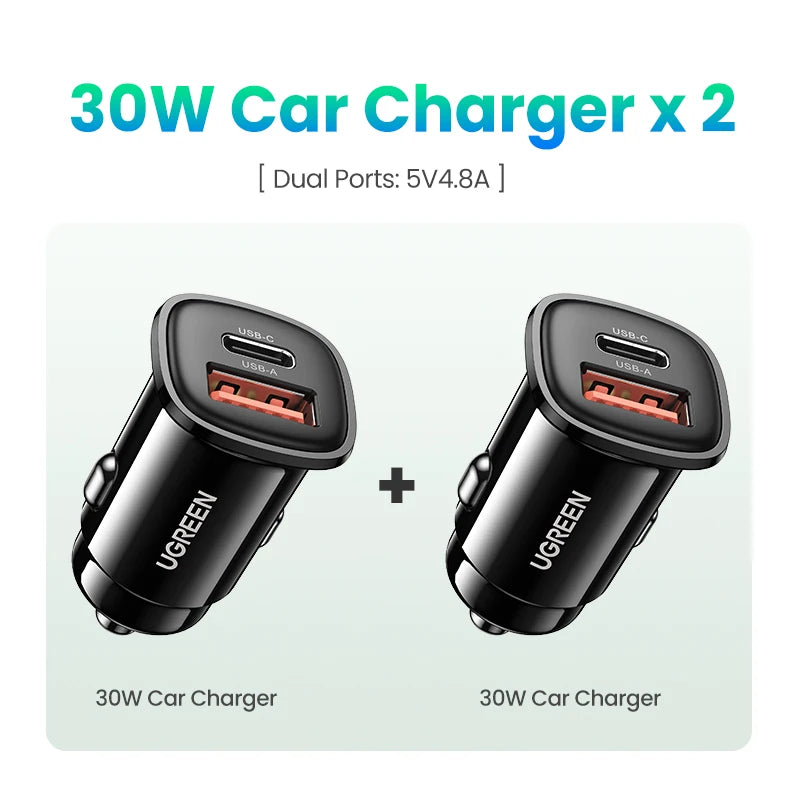 UGREEN 30W USB-C Car Charger PD 3.0 & QC 3.0 Dual Port USB Car Charger PRIMED 2PCS Car Charger Russian Federation