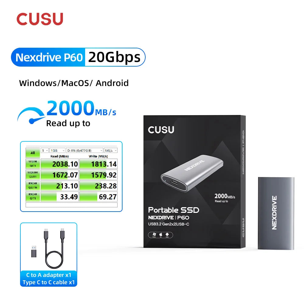 CUSU Portable External SSD 1TB 512GB USB 3.2 Gen2x2 Type-C Portable External SSD PRIMED Nexdrive P60 China Mainland 1TB
