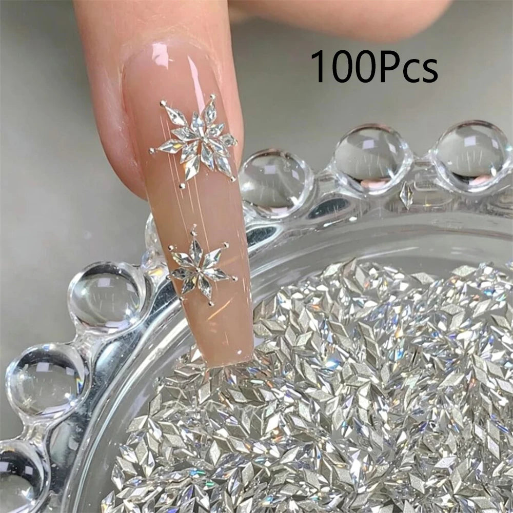 Rhombus Zircon Snowflake Nail Crystals 100Pcs – White & Champagne